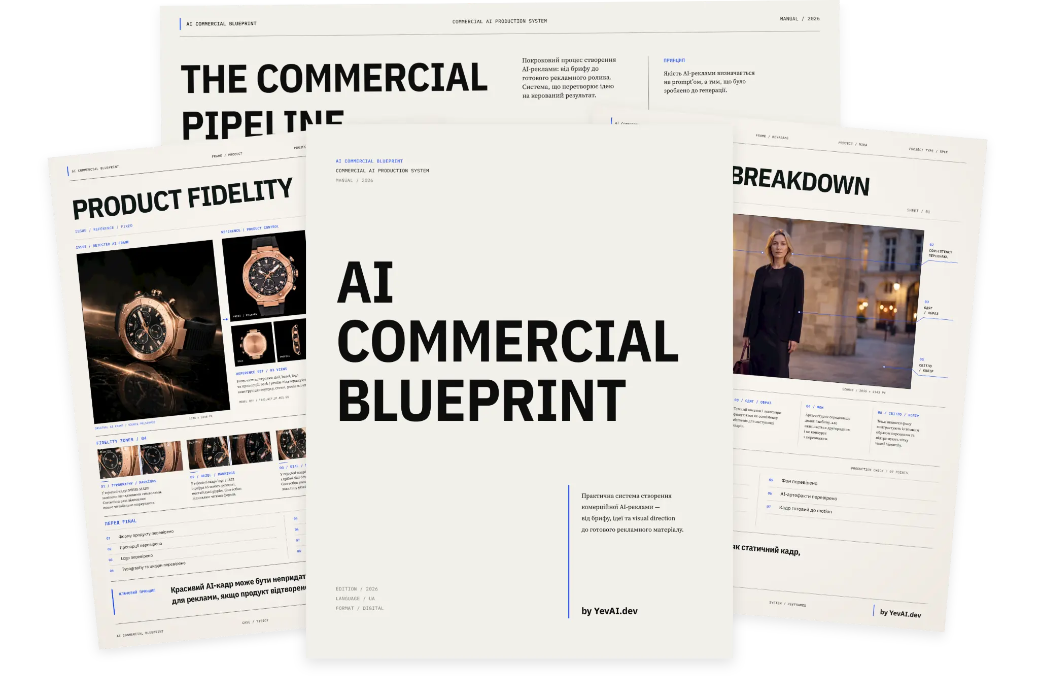 Original Blueprint product composition: the cover and pages on the pipeline, keyframes and product fidelity