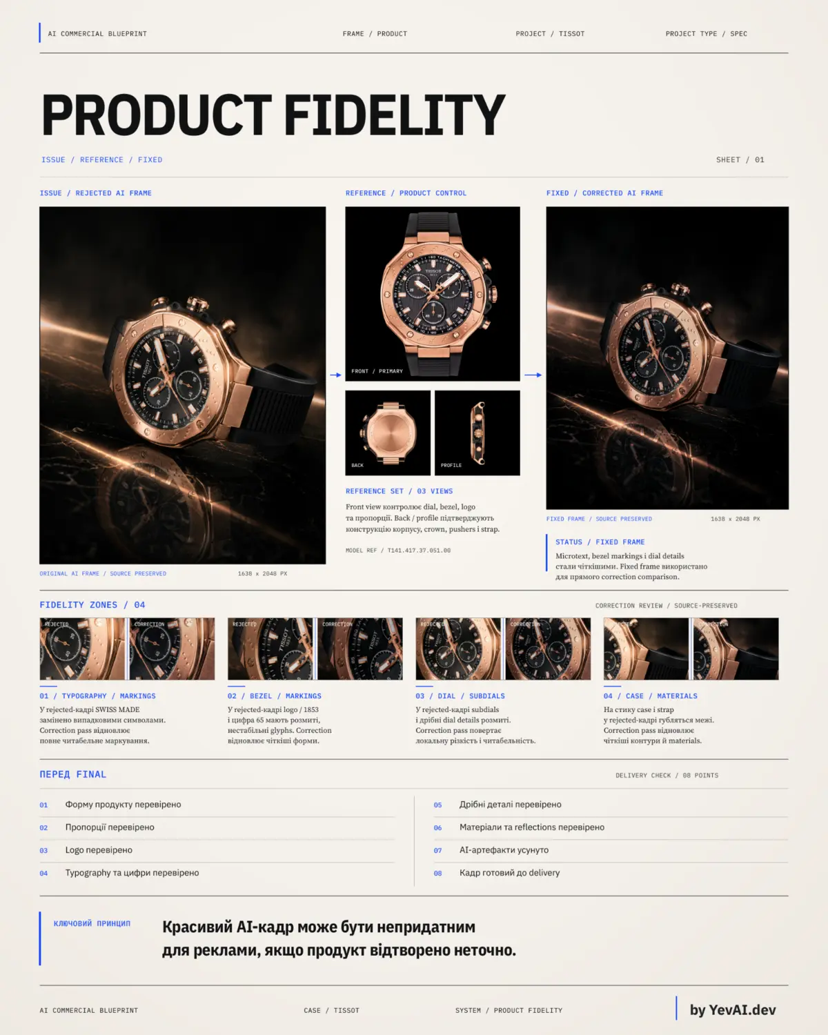 Blueprint sample page analysing TISSOT product fidelity