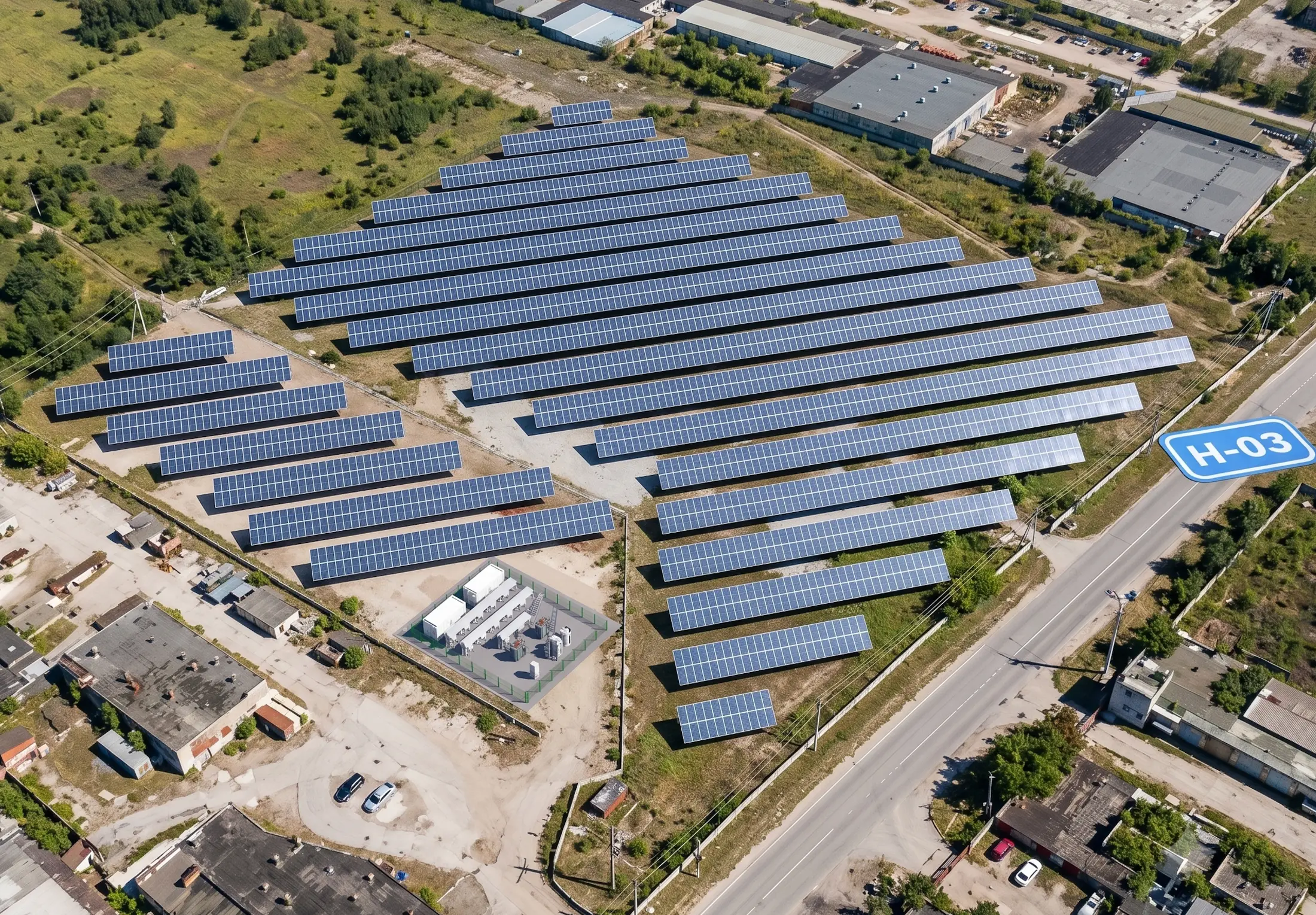 Conceptual visualization of a hybrid complex with solar panels, energy storage and a substation